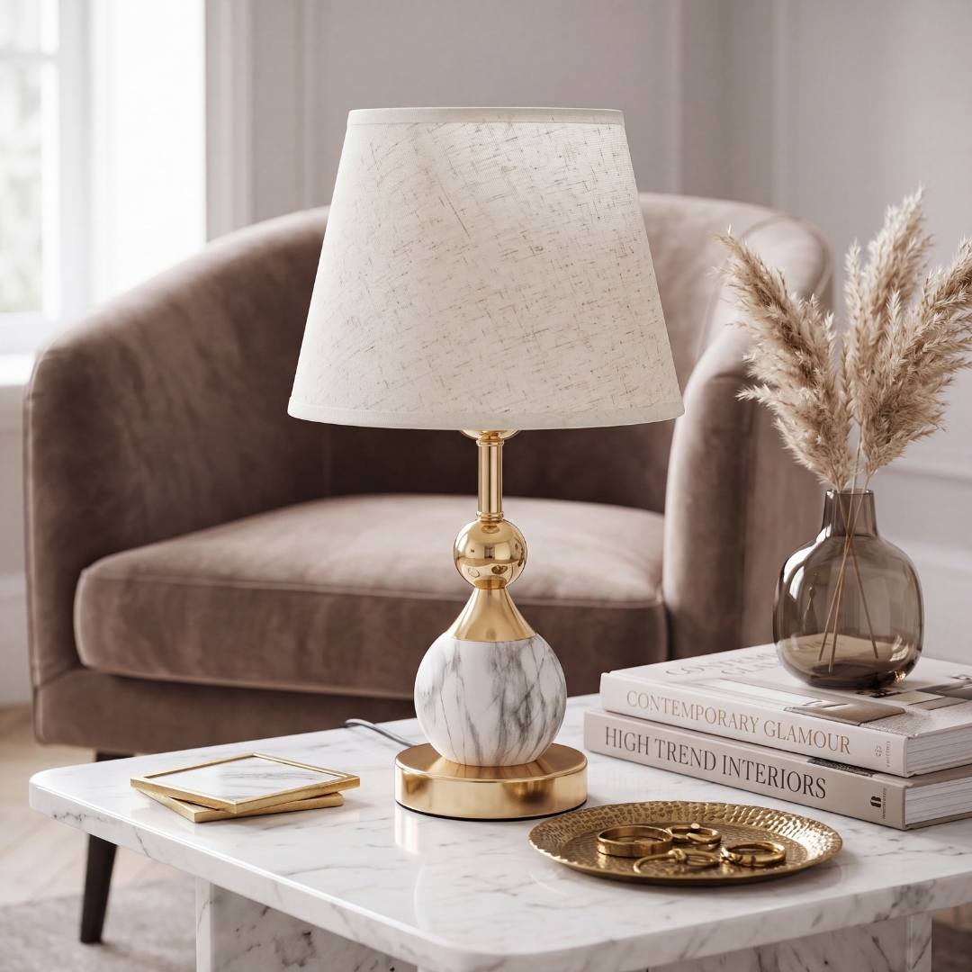 Lámpara decorativa efecto mármol y dorado en mesa auxiliar de sala
