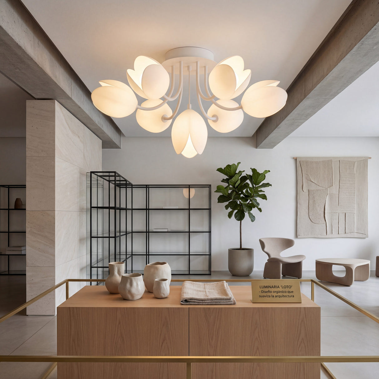 Lampara de diseno organico para iluminacion de galeria de arte o showroom moderno