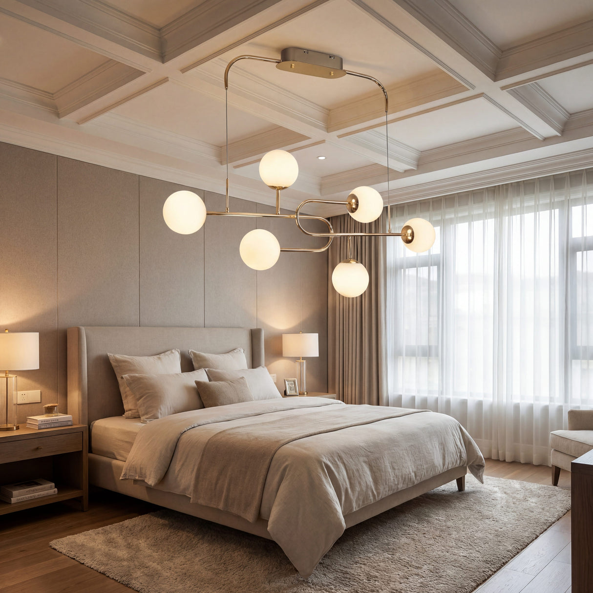 Iluminacion central para dormitorio principal con diseño de esferas y estructura dorada.