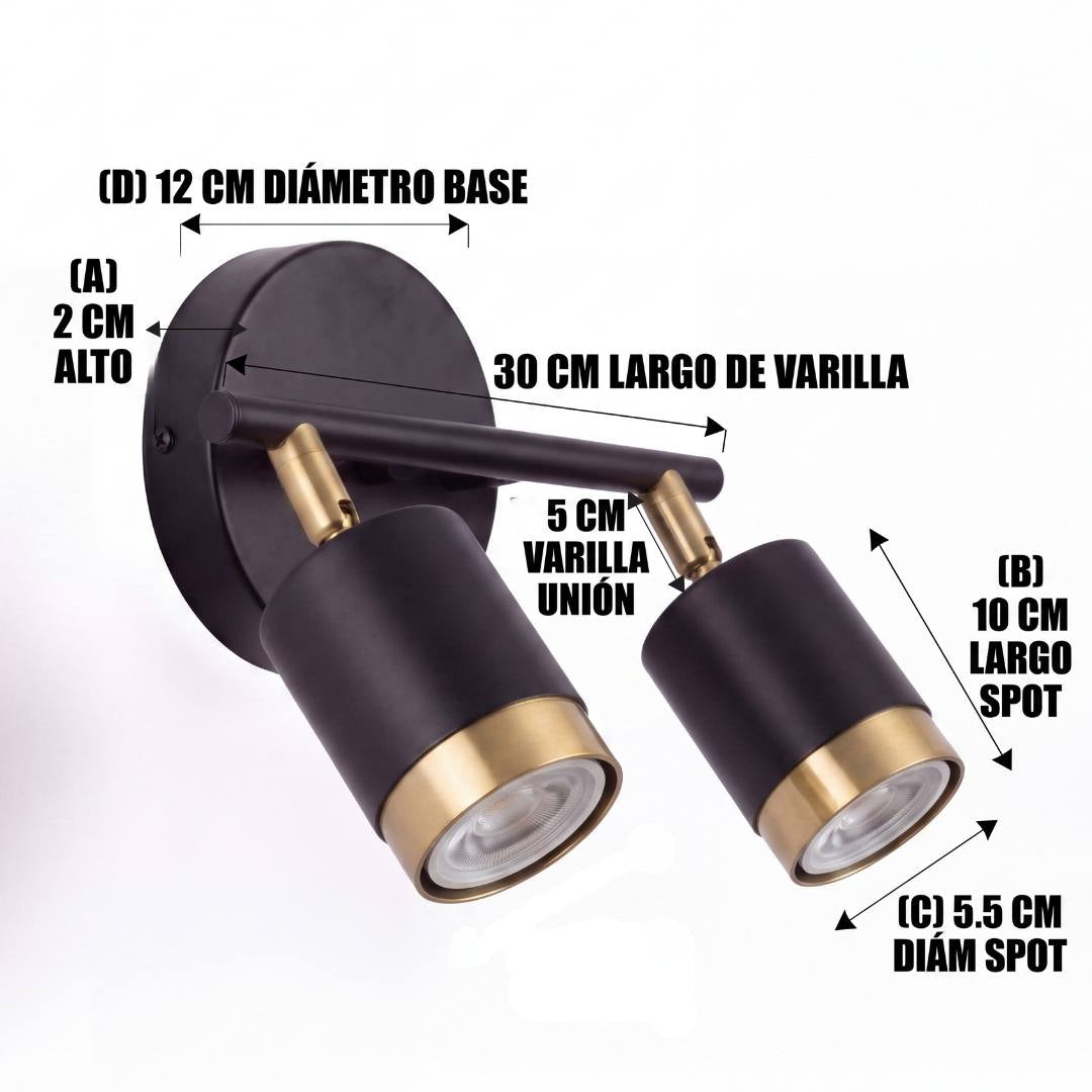 Dimensiones de la lámpara DUETO: barra 30 cm y spots de 10 cm