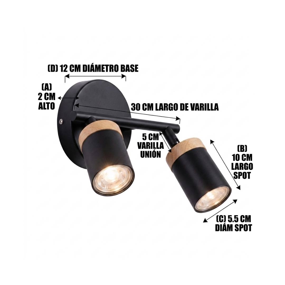 Dimensiones de la lámpara DUETO: barra 30 cm y spots de 10 cm