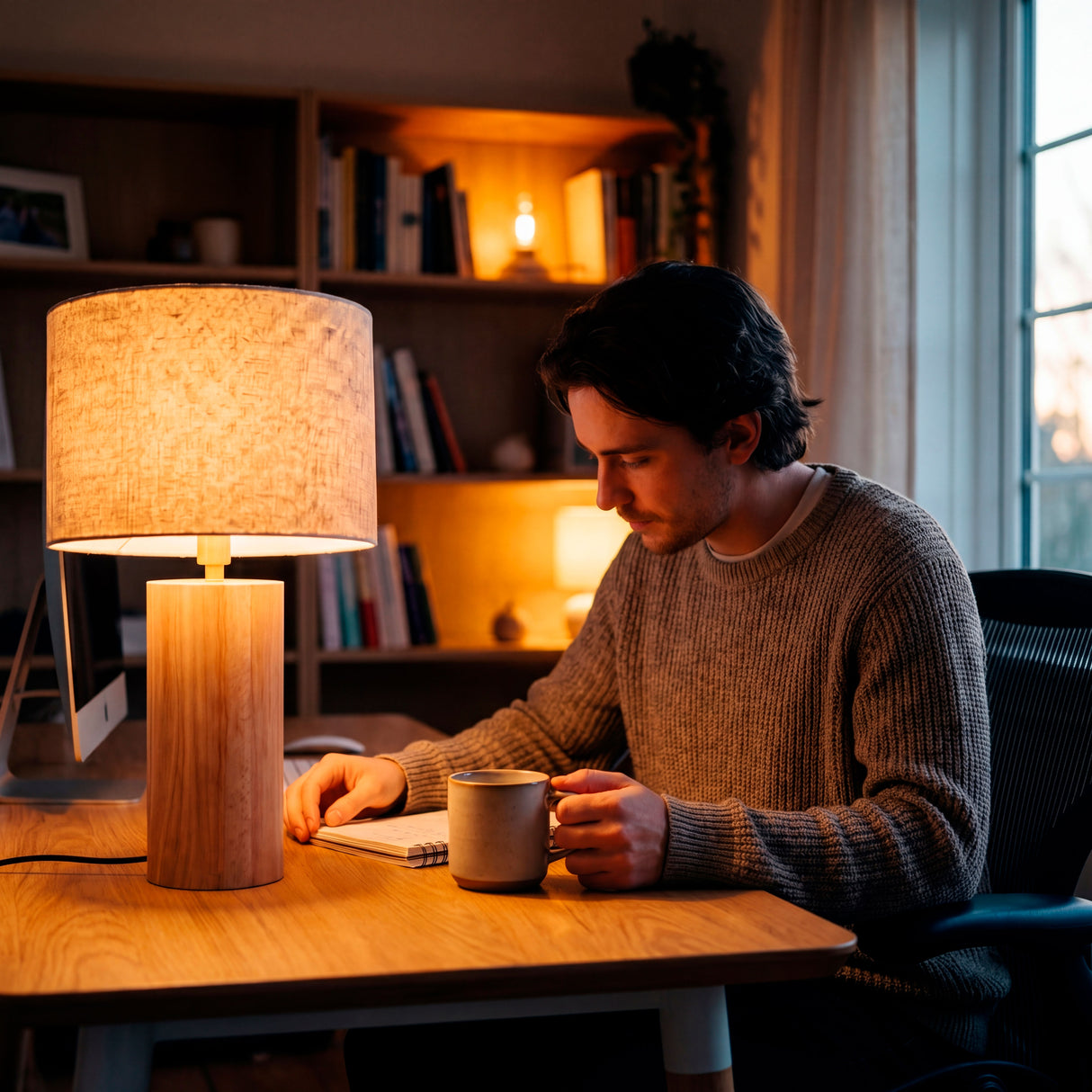 Persona leyendo bajo la luz cálida de una lámpara de madera cilíndrica en estudio.
