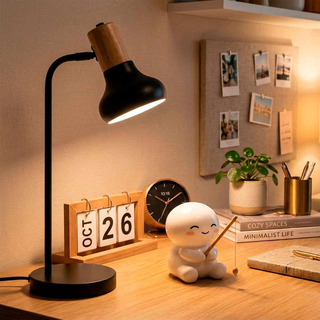 Lámpara de mesa articulada en acabado negro mate con detalles de roble para optimizar la eficiencia lumínica.