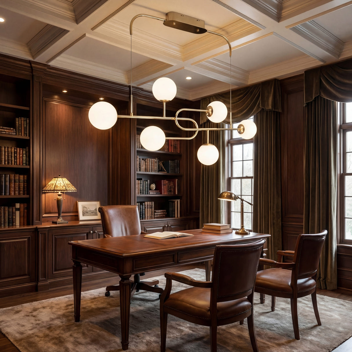 Iluminacion para oficina de lujo o estudio personal con lampara colgante de esferas.