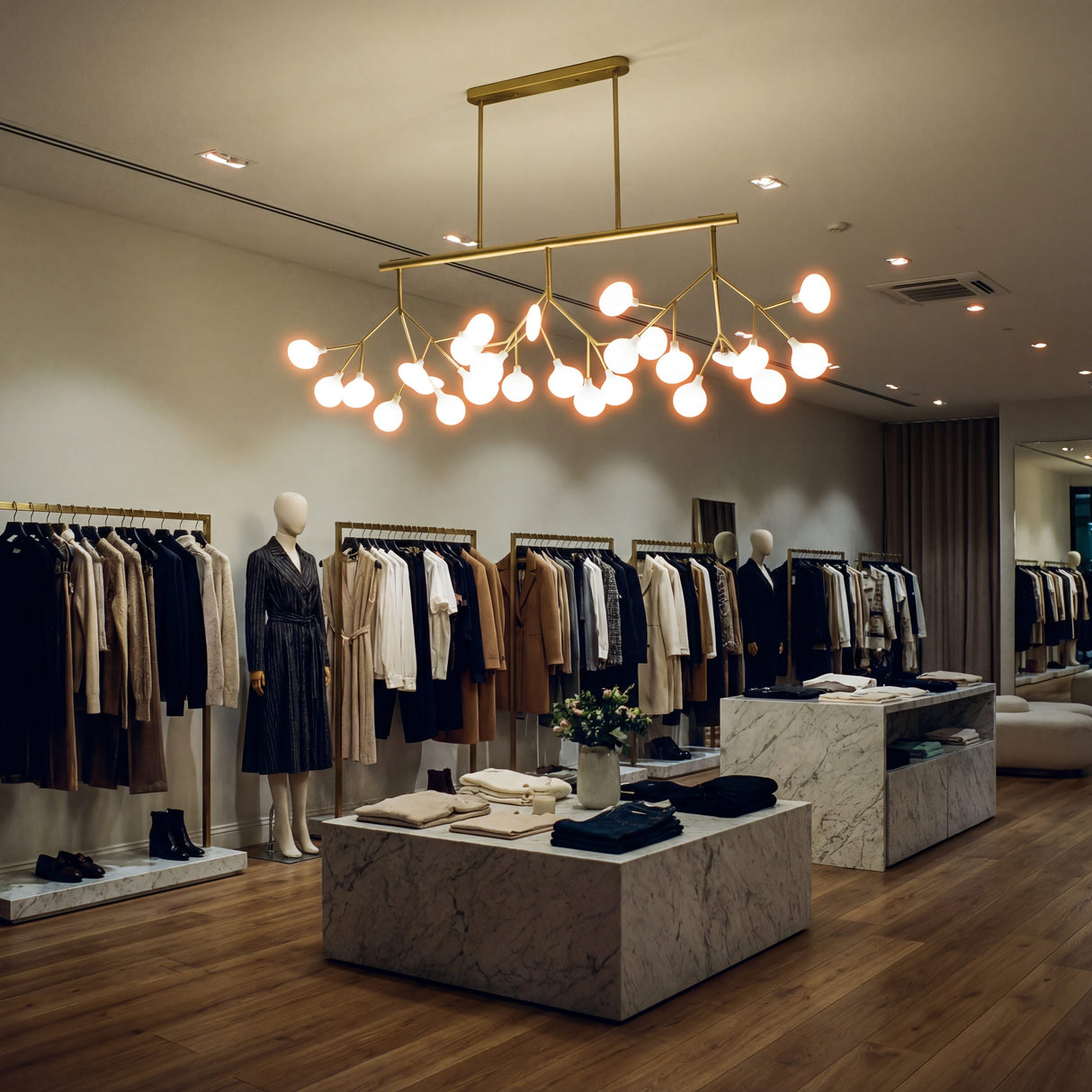 Iluminacion de realce para boutique de ropa con lampara colgante dorada lineal.