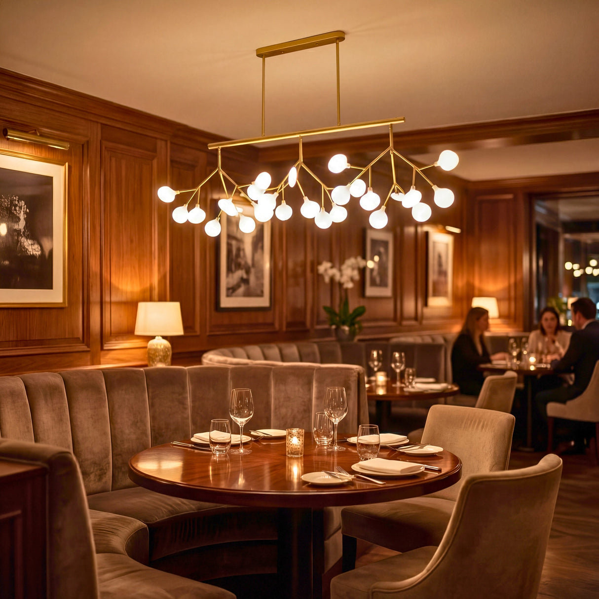 Lampara colgante dorada de diseño organico iluminando mesa de restaurante de lujo.