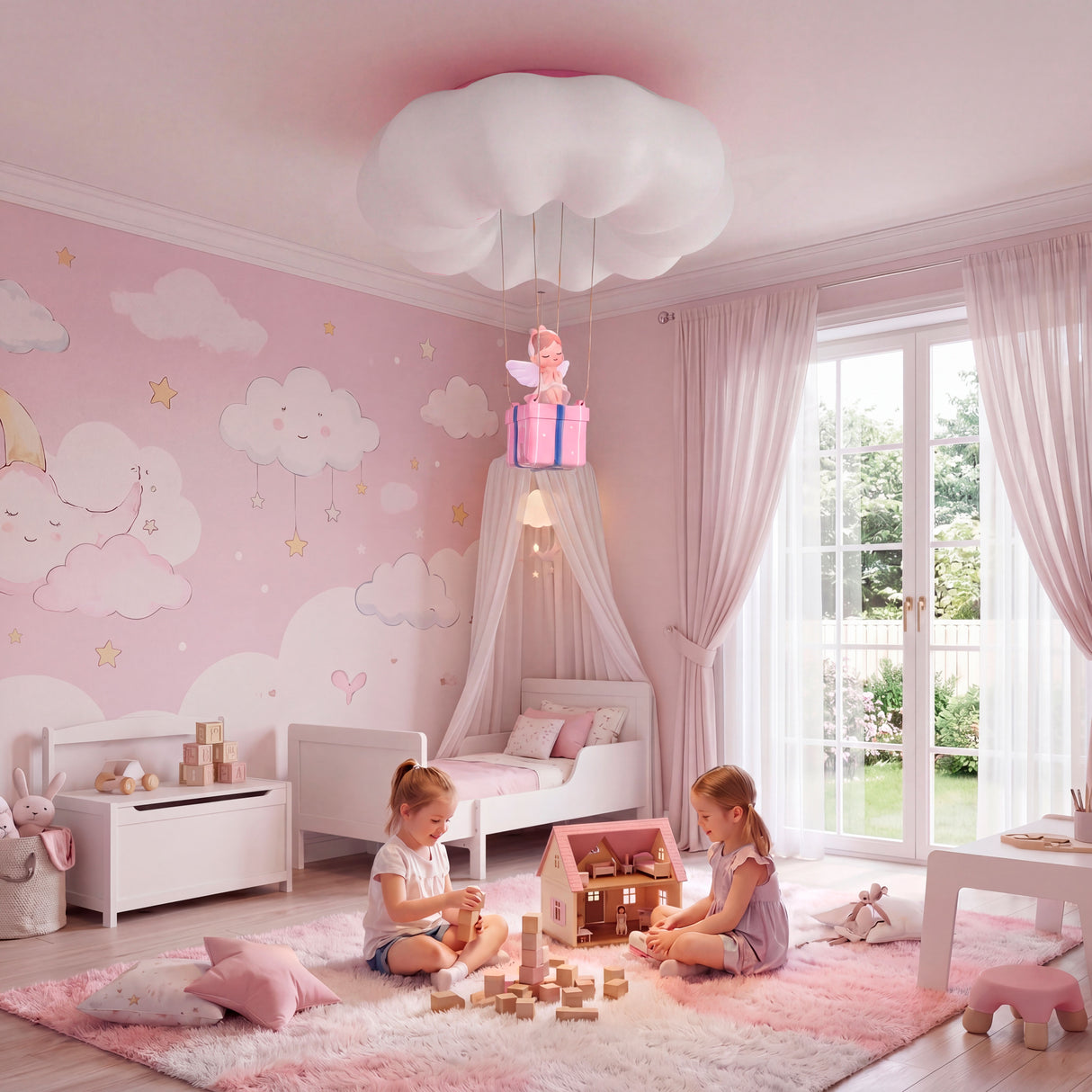 Niñas jugando bajo la luz envolvente de la lámpara Little Angel en cuarto de juegos.