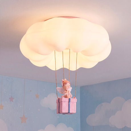 Lámpara de techo Little Angel con diseño de nube y ángel colgante en dormitorio rosa.