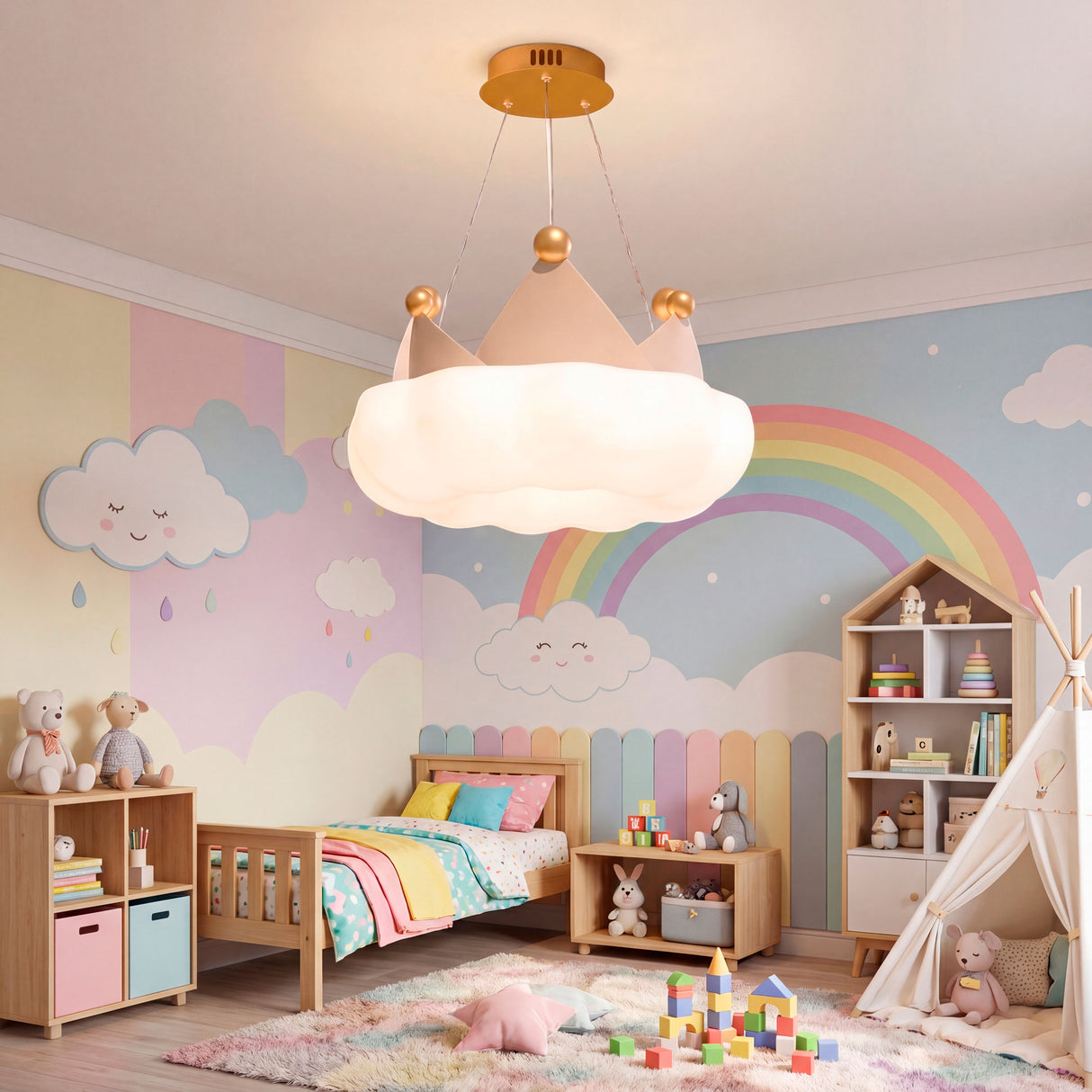 Lámpara colgante de nube con corona en dormitorio infantil con mural de arcoíris.