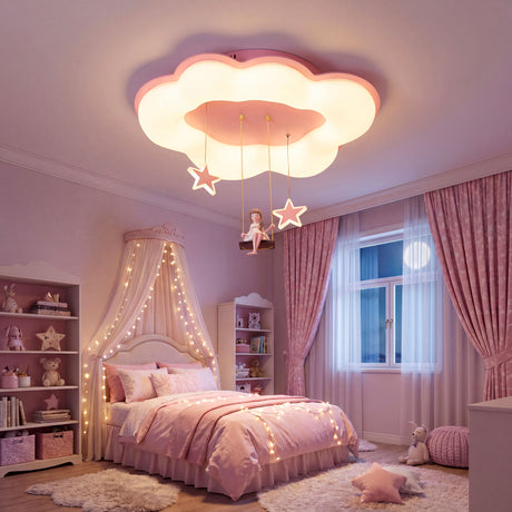 Plafón infantil de nube rosa con niña en columpio en dormitorio temático.