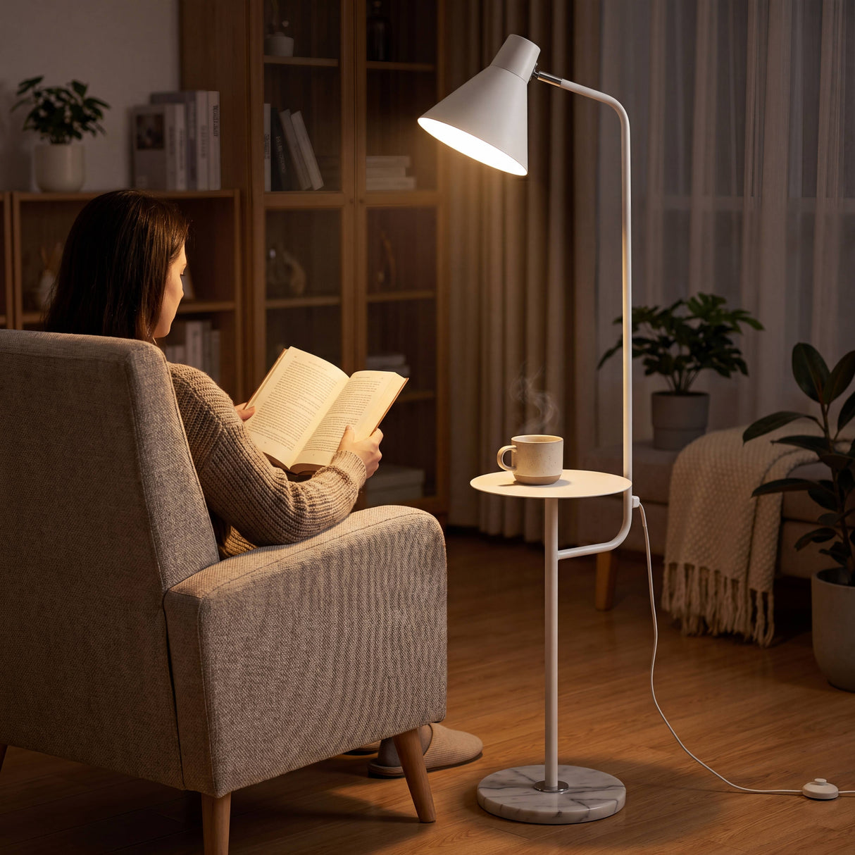Luz focalizada óptima para lectura en dormitorio moderno utilizando una bombilla de espectro cálido.