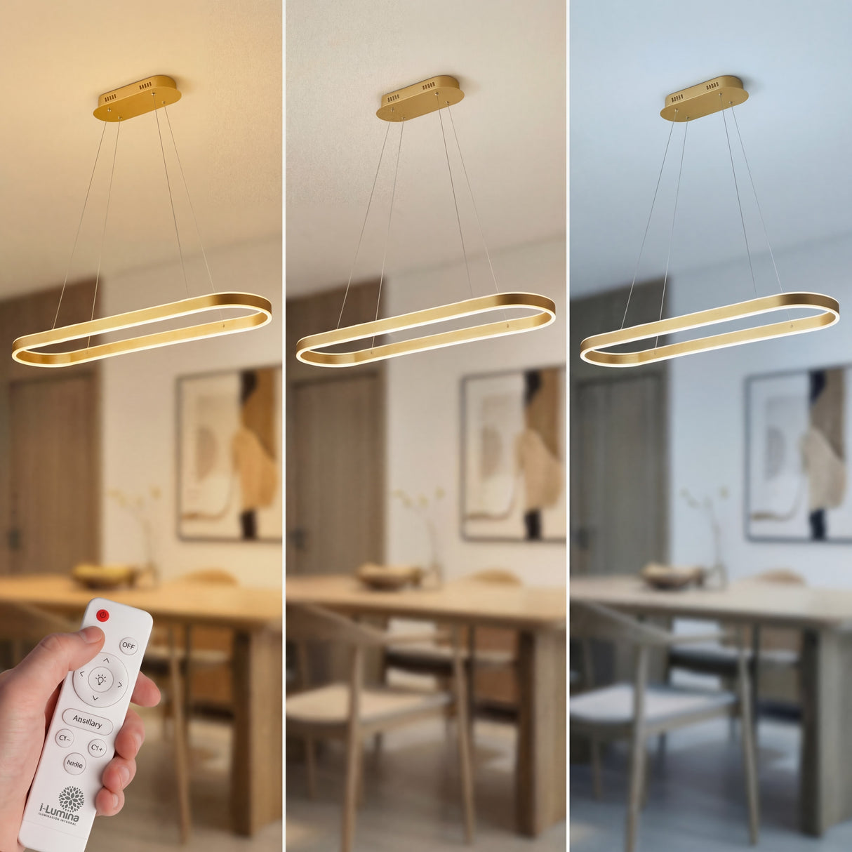 Comparativa de tres temperaturas de color: luz cálida, neutra y fría de lámpara colgante inteligente.