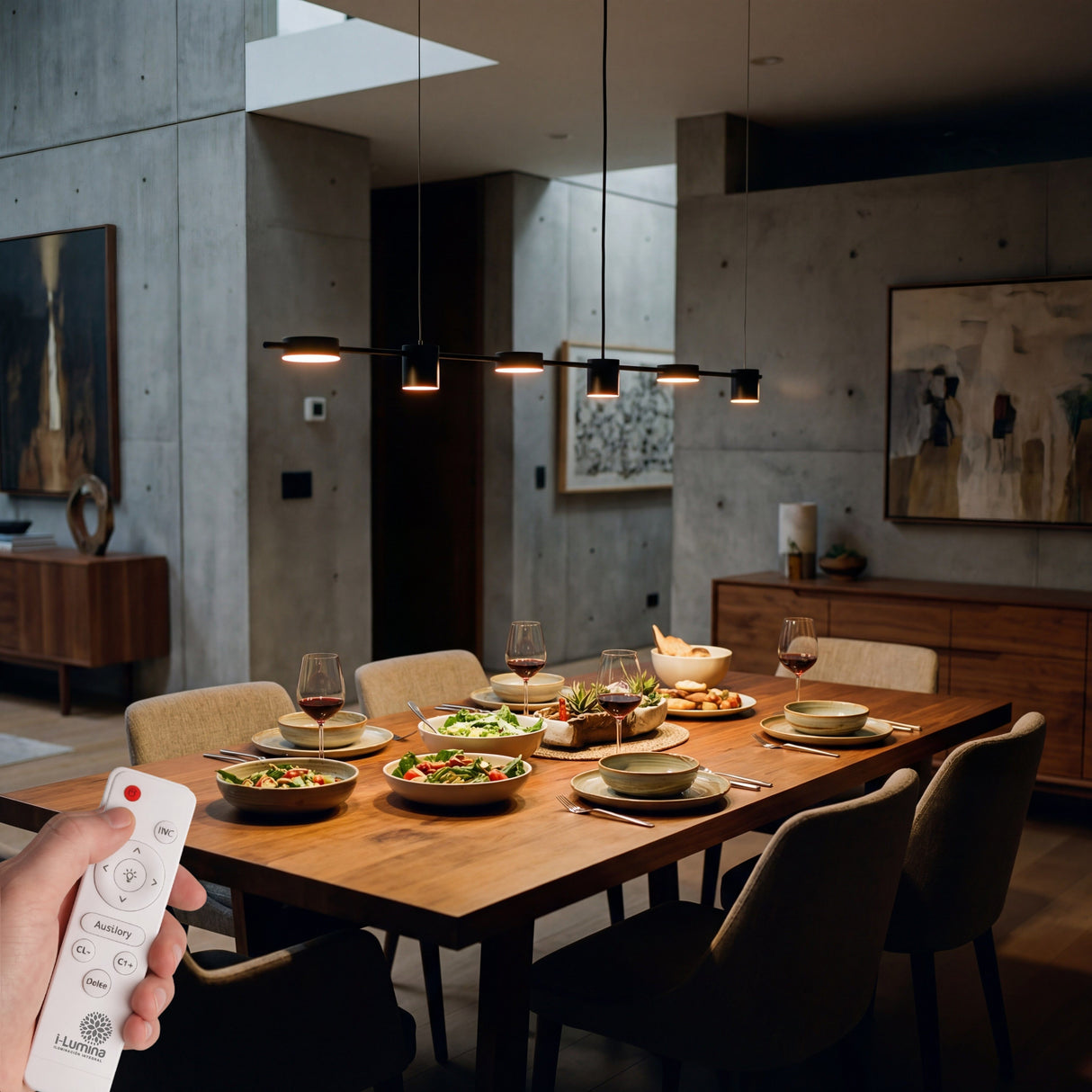 Lampara led para comedor moderno de 6 sillas con control remoto para cambio de tonalidad.