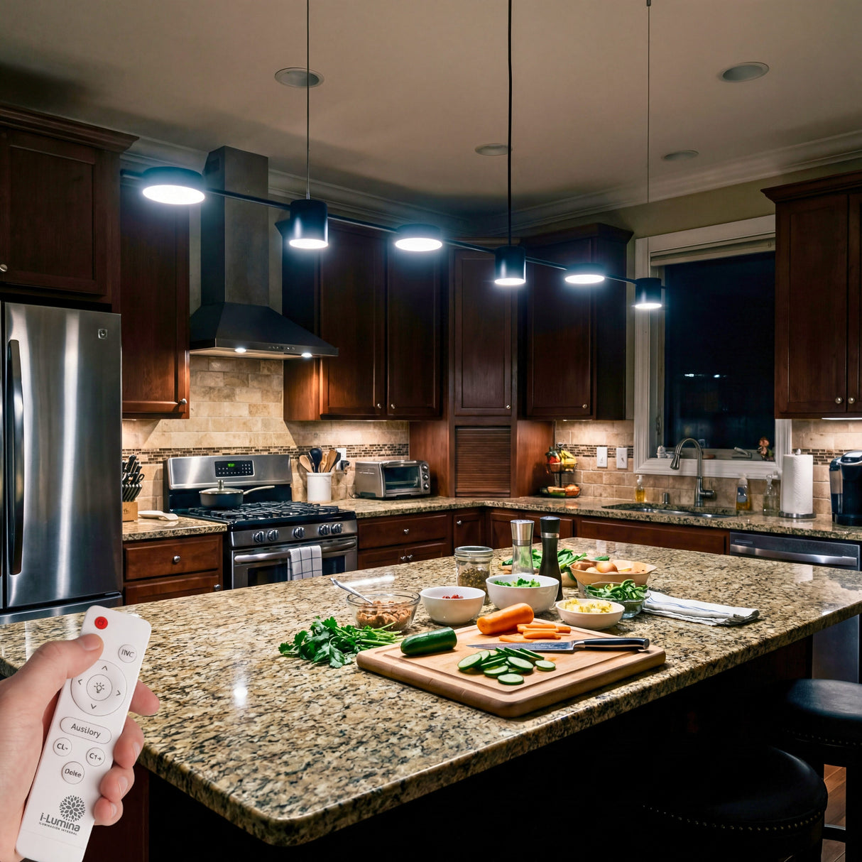 Iluminacion lineal led sobre isla de cocina con tablero de granito y luz blanca fria.