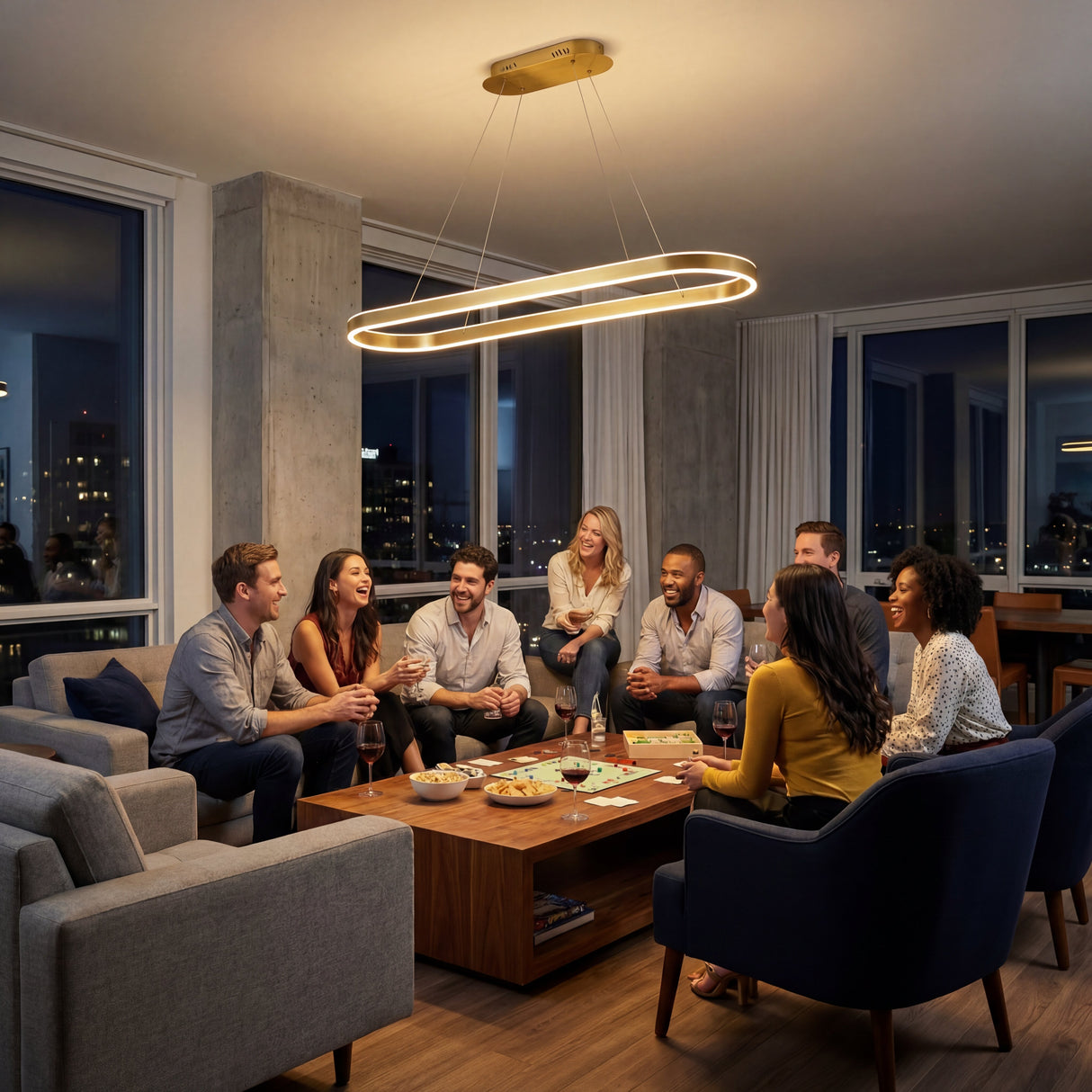 Grupo de personas conversando en una sala iluminada por la lámpara colgante ovalada de luz cálida.