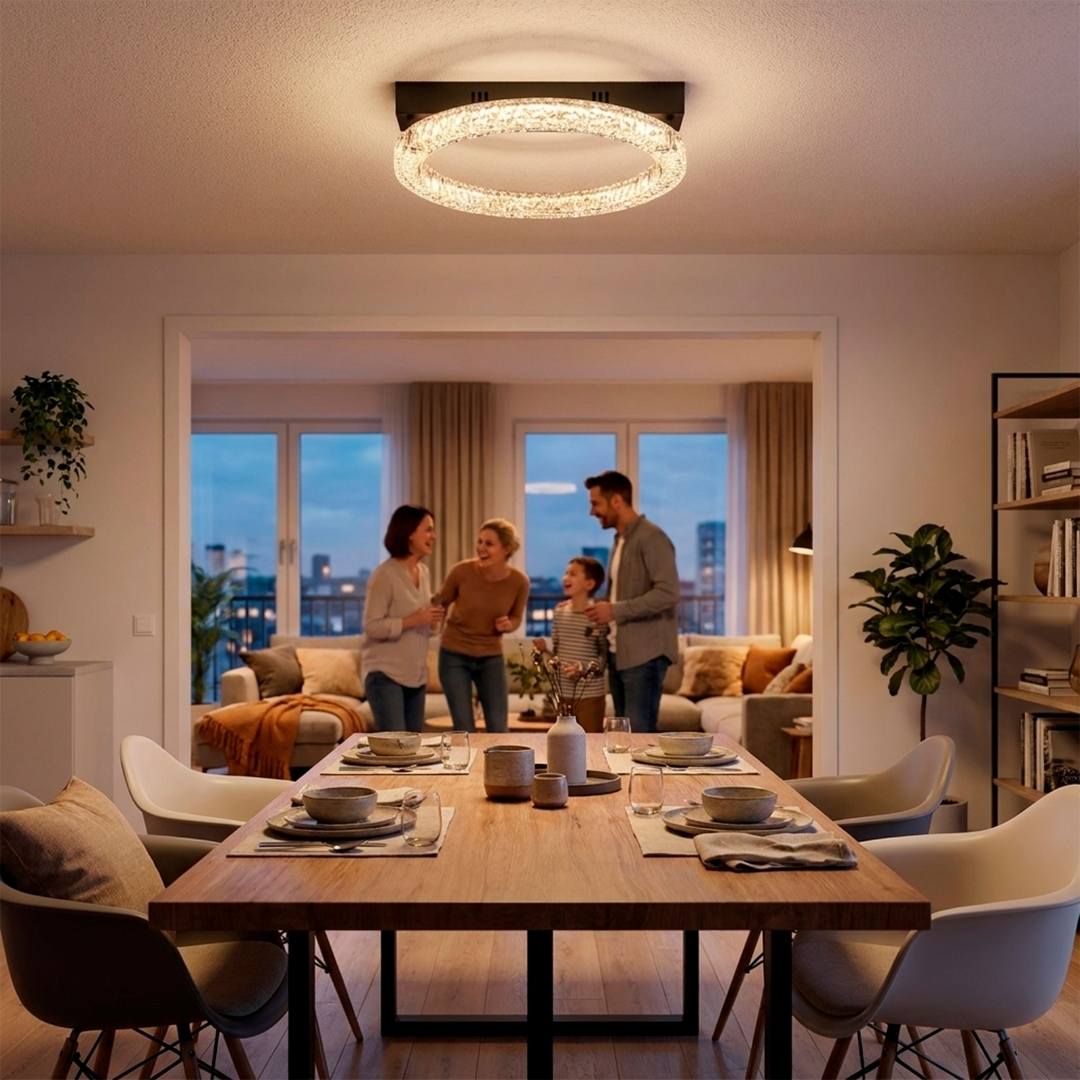 Lámpara de techo LED anillo efecto cristal iluminando comedor moderno de noche