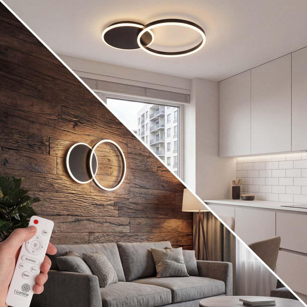 Lámpara LED circular de diseño minimalista instalada como plafón de techo y aplique de pared en ambientes de sala y cocina - i-Lumina Perú.
