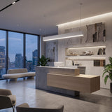 Luminaria técnica suspendida en zona de recepción con ventanales urbanos.