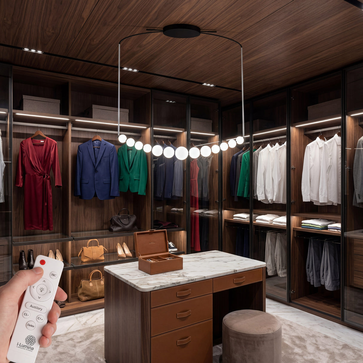 Closet de lujo iluminado con lampara lineal LED para correcta vision de colores