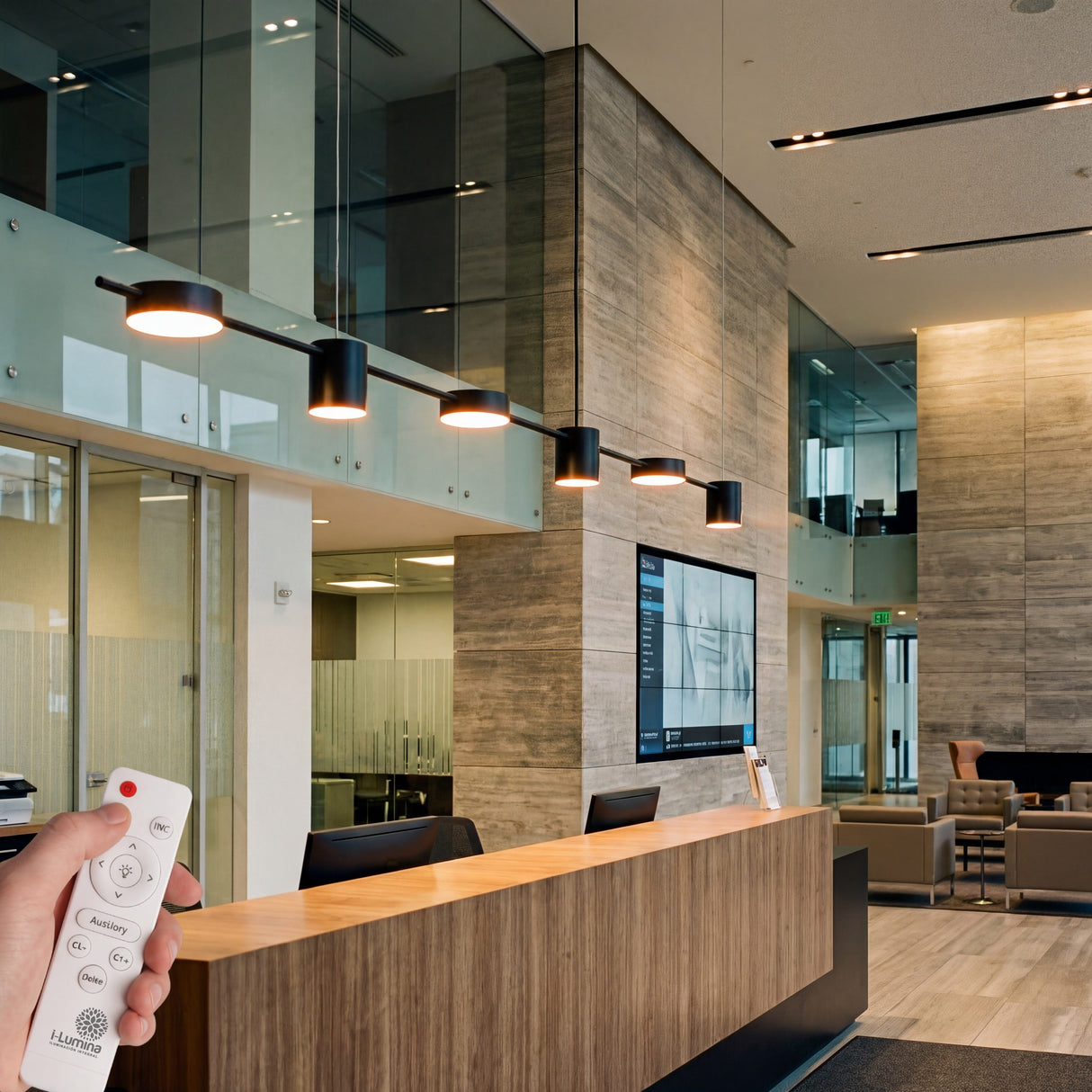 Lampara lineal led instalada sobre counter de recepcion en oficina con estilo minimalista.