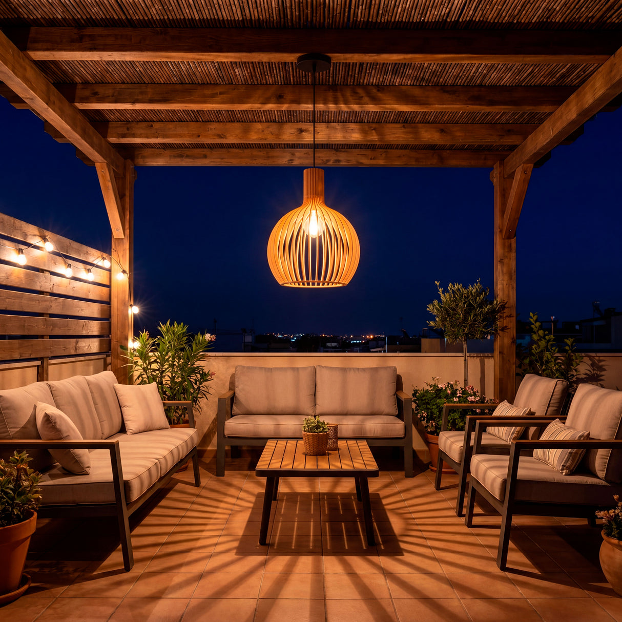Vista nocturna de una pérgola de madera iluminada por las sombras de la lámpara Francisca.