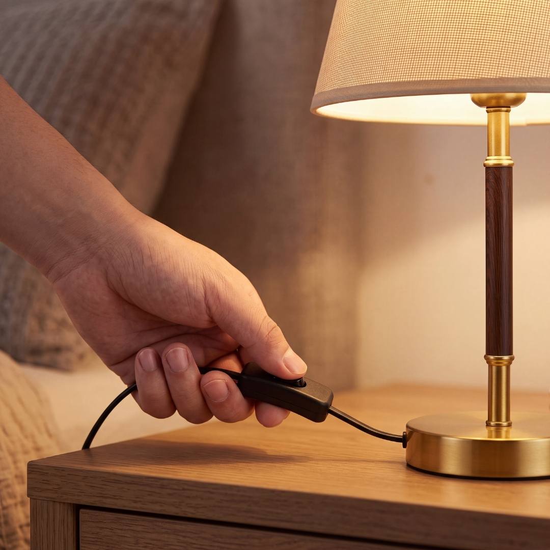 Mano accionando el interruptor de cable de la lámpara de mesa MARGOT