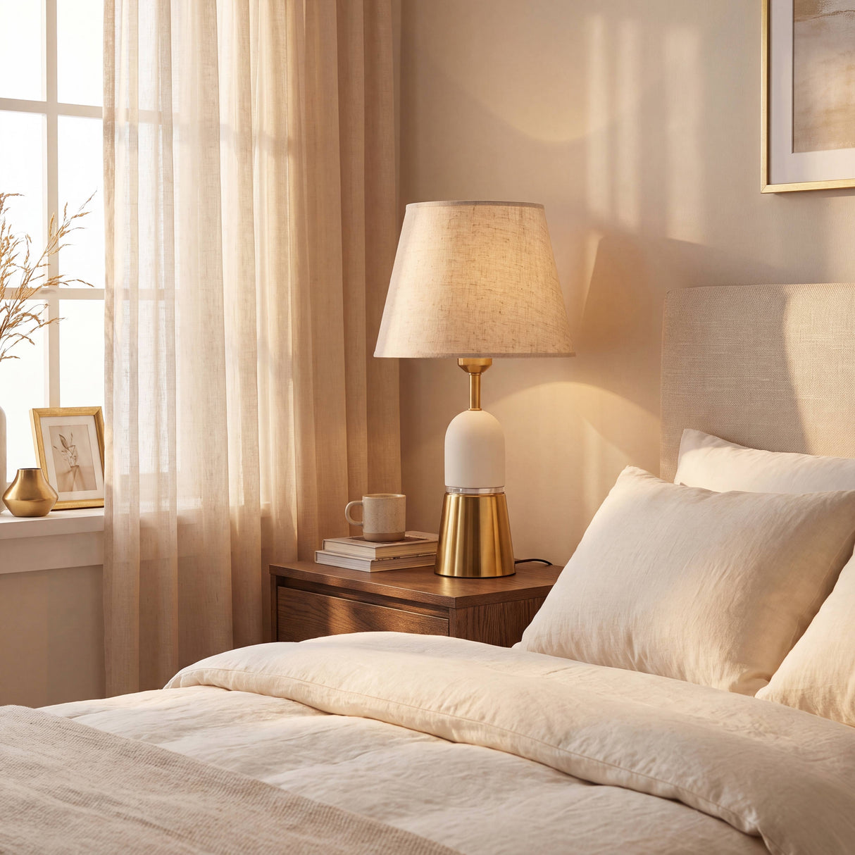 Lámpara de mesa Olivia Gold en velador de dormitorio moderno con ropa de cama blanca