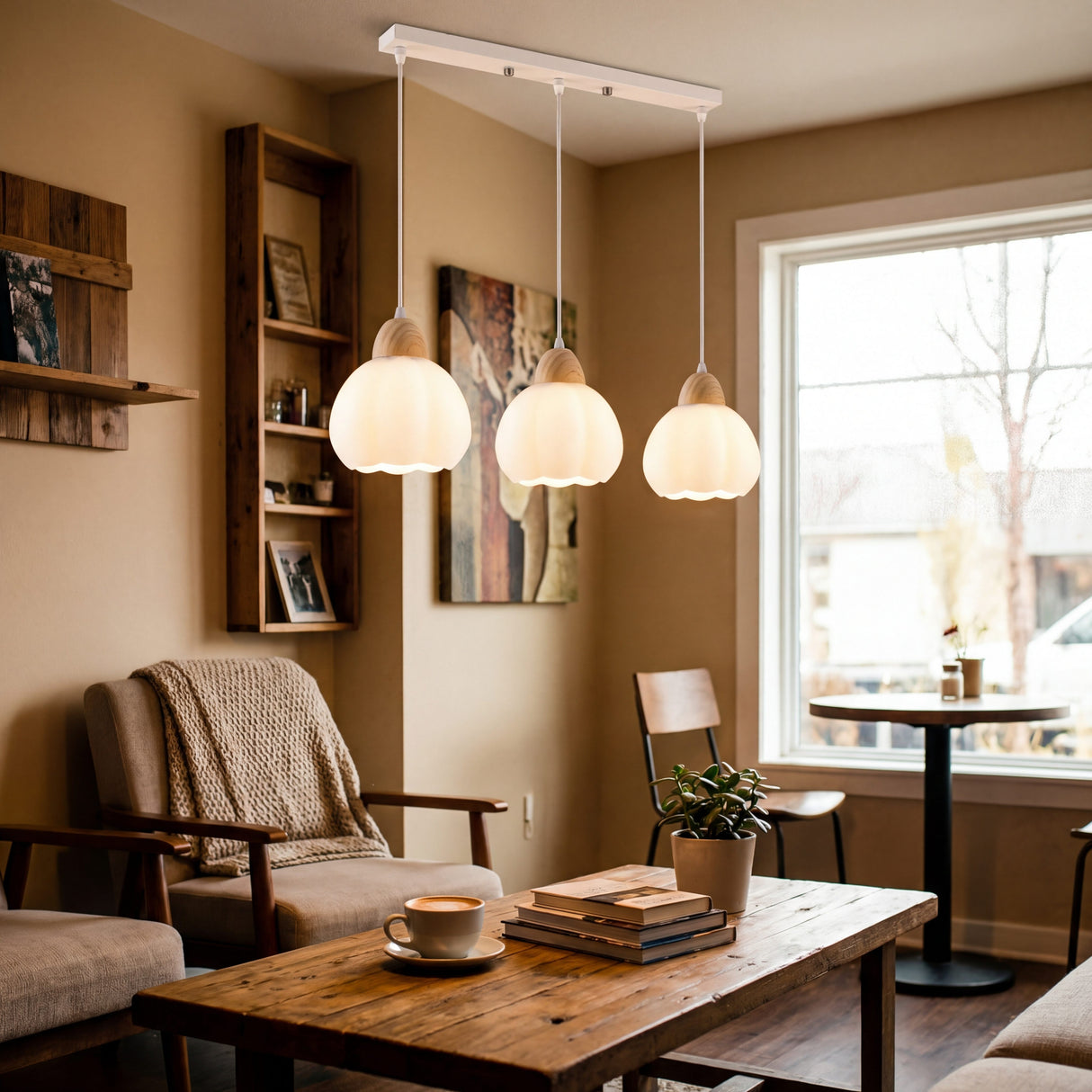 Lámpara de 3 luces sobre mesa de café en ambiente de decoración minimalista.