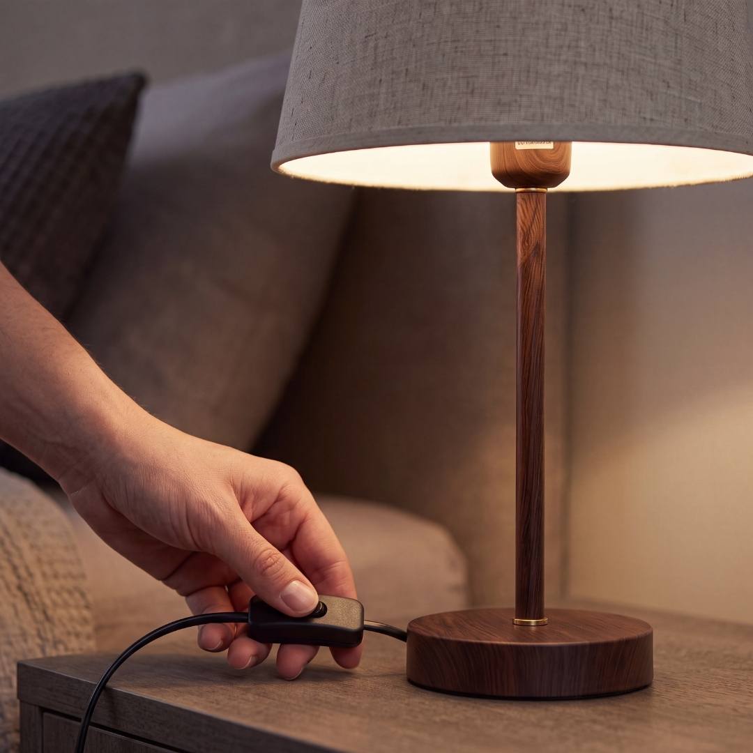 Mano accionando el interruptor de cable de la lámpara de mesa NORA WALNUT