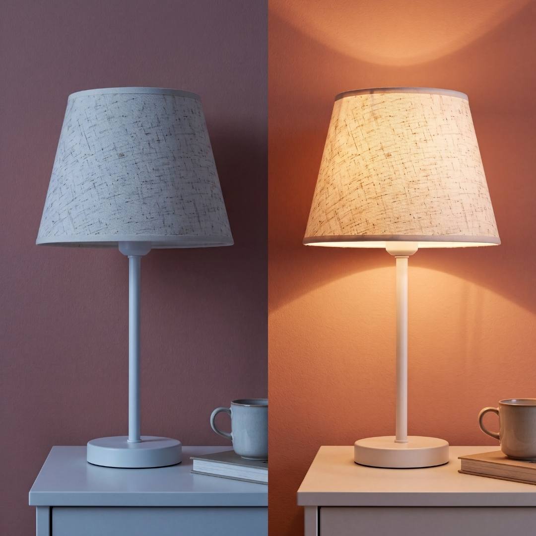 Comparación de la lámpara NORA WHITE apagada y encendida con luz cálida