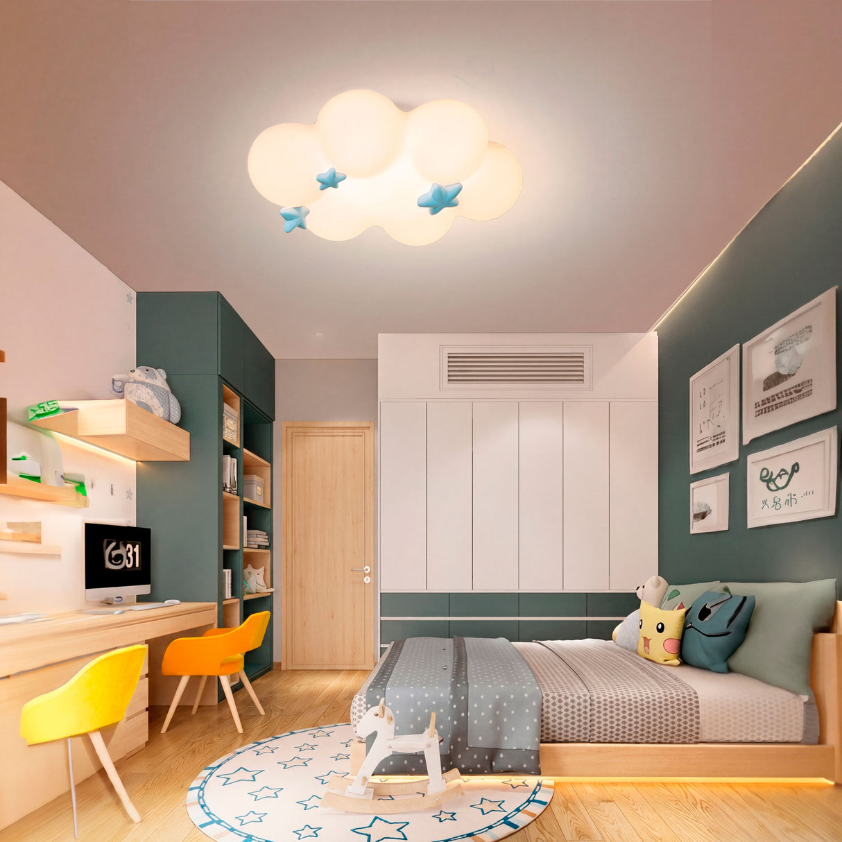 Iluminación clara y sin sombras sobre escritorio infantil usando la lámpara Star Cloud.
