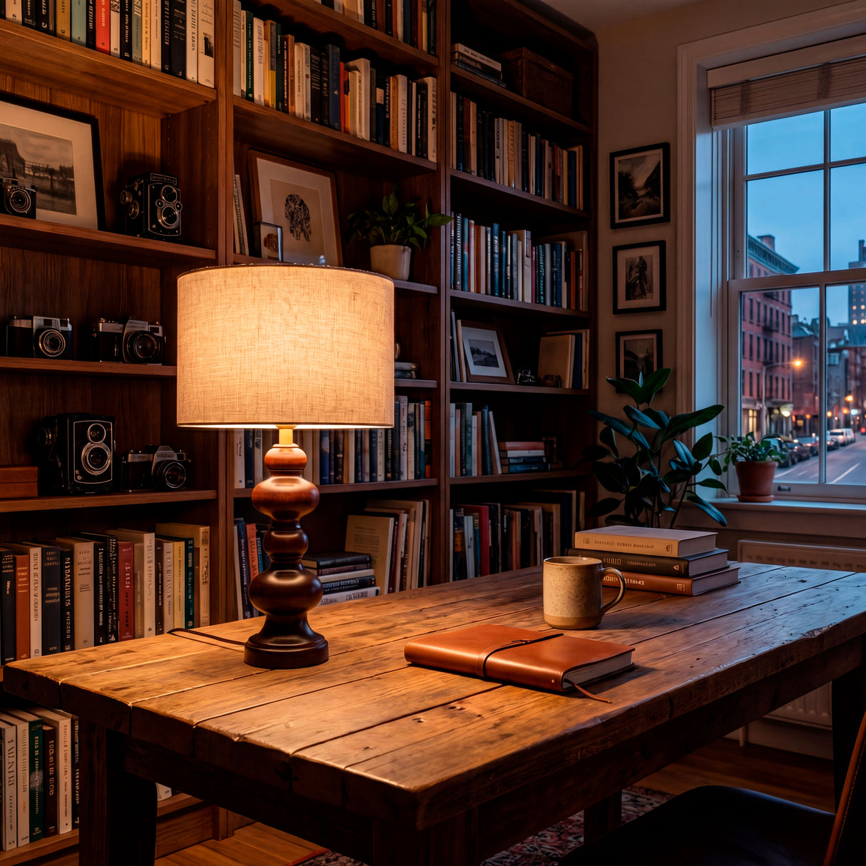 Iluminación técnica decorativa en despacho de madera con ambiente clásico y acogedor.