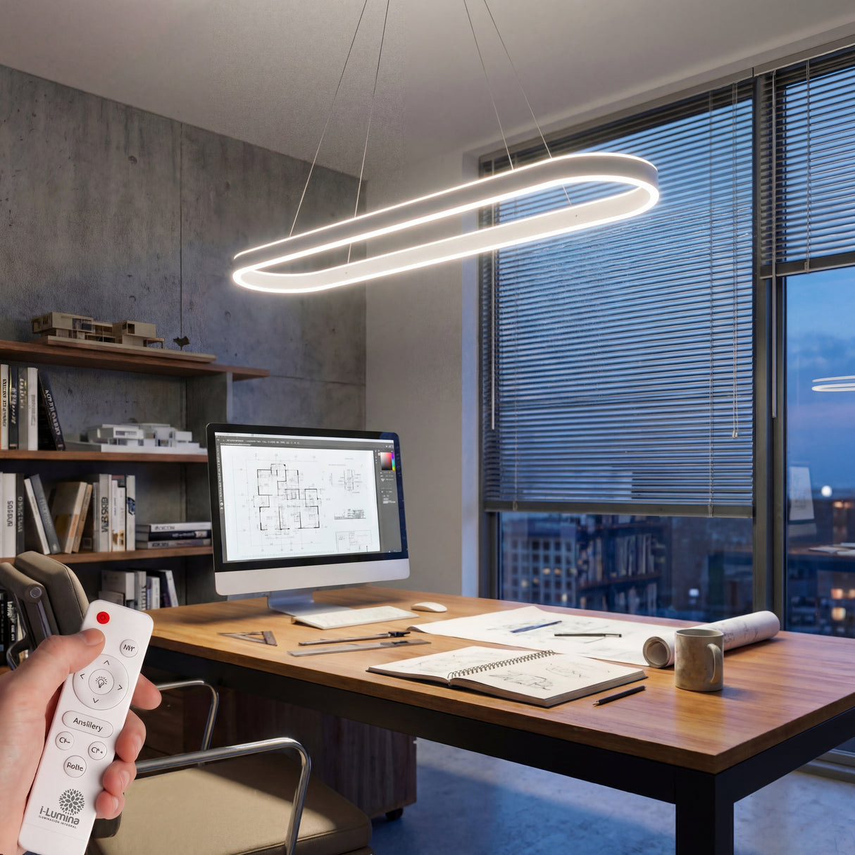 Iluminación para escritorio de oficina con lámpara LED ovalada de diseño limpio.