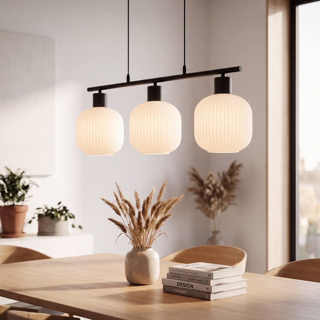 Lámpara para comedor colgando centrada sobre mesa de madera con luz cálida