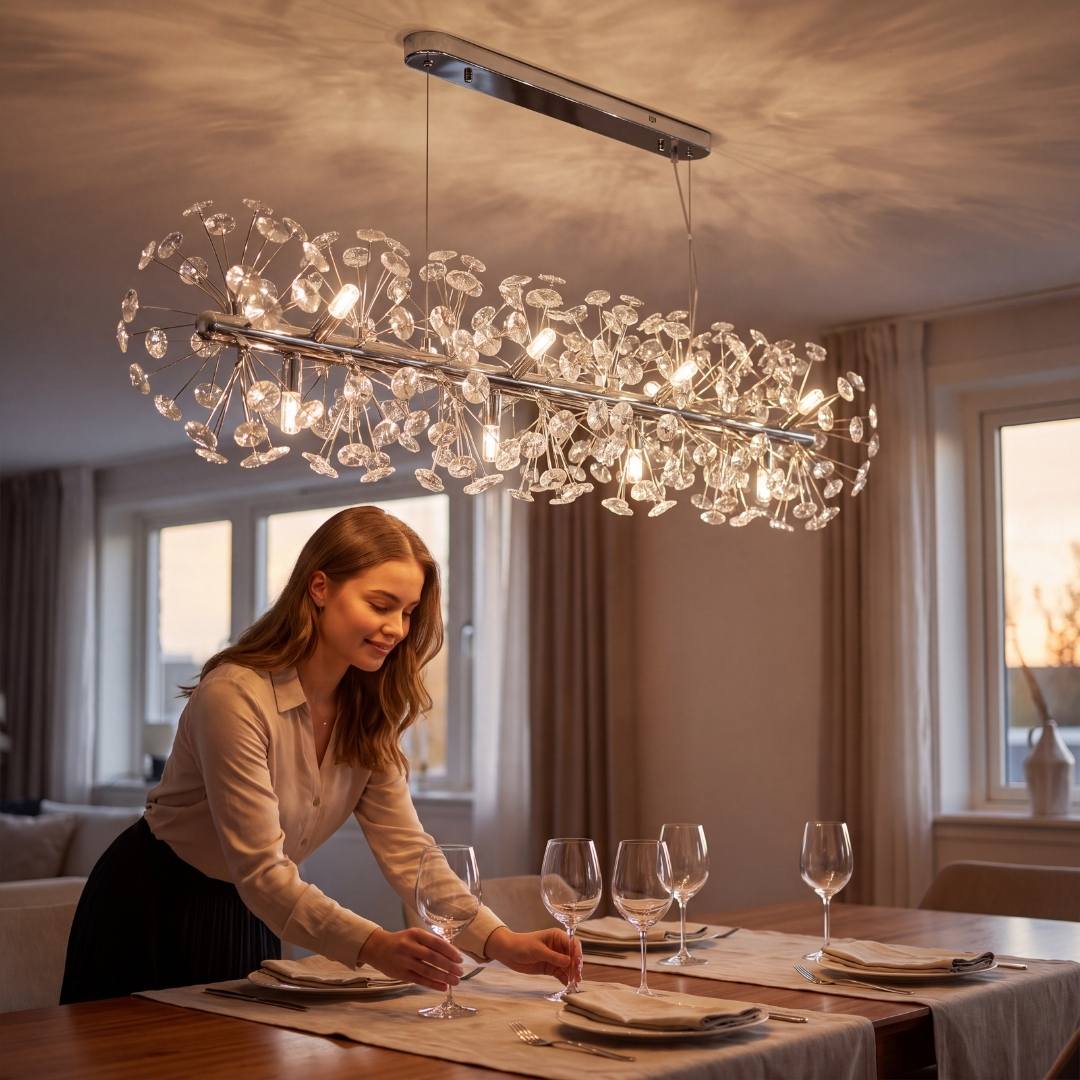 Mujer poniendo copas bajo una lámpara para comedor de cristal encendida