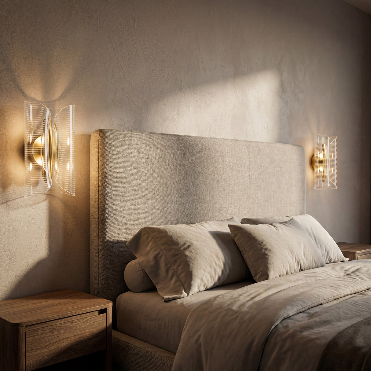 Dos apliques de pared dorados instalados a los lados del cabecero en dormitorio principal.