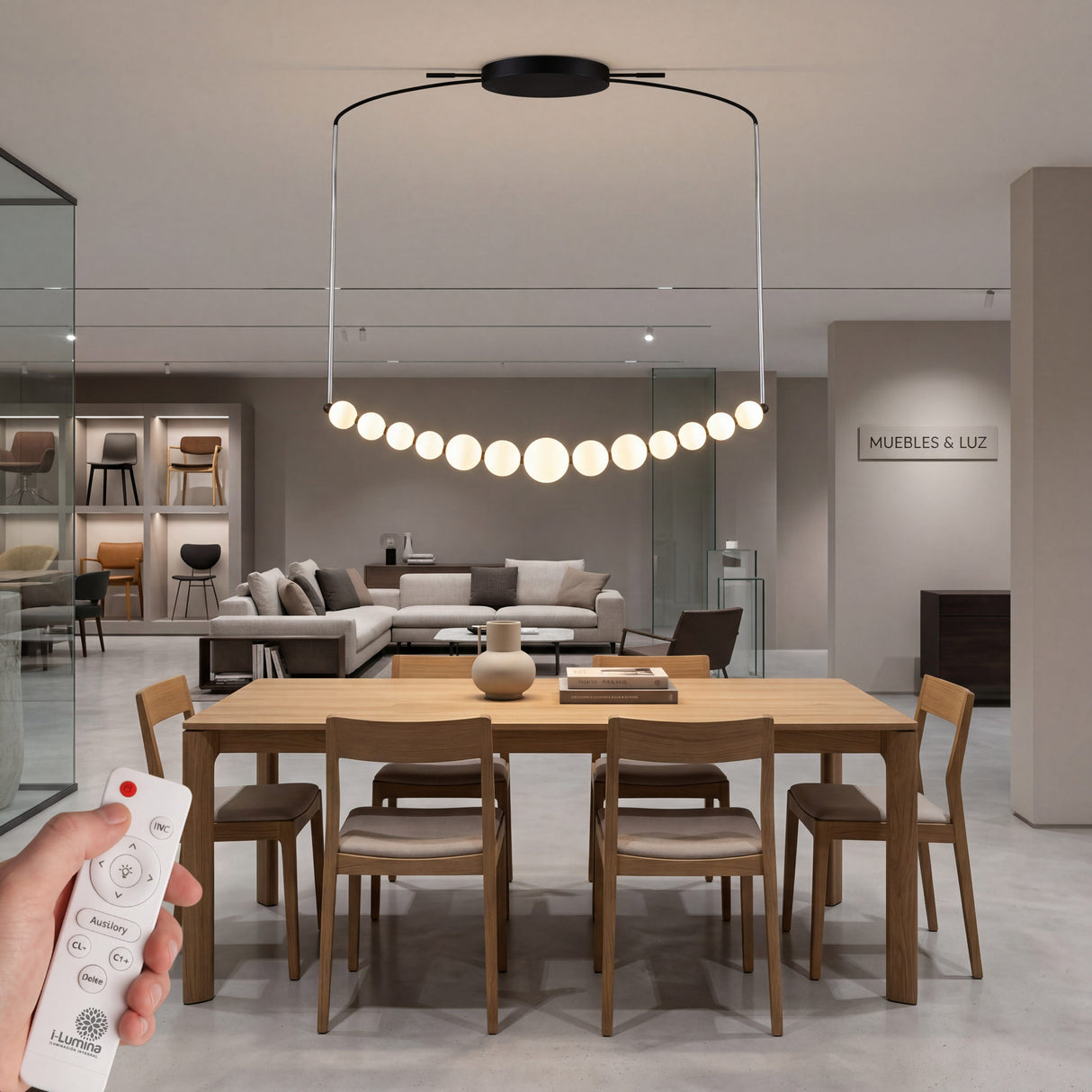 Comedor estilo nordico con lampara de 17 esferas y acabado negro mate