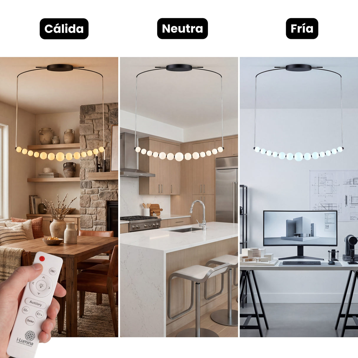 Comparativa de tres tonalidades de luz calida neutra y fria de lampara Perla