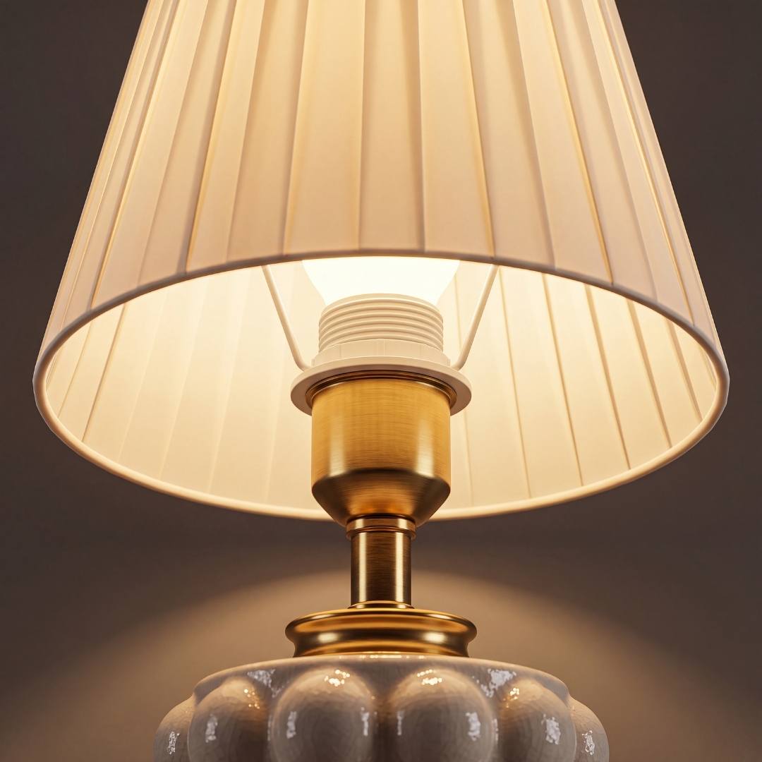 Detalle de la pantalla plisada de la lámpara PERLA brillando suave con pliegues de luz