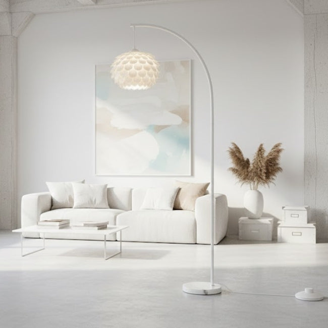 LÁMPARA DE PIE ARCO LOTUS WHITE CON BASE DE MÁRMOL - SIN FOCO