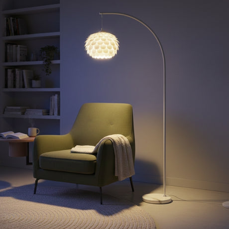 LÁMPARA DE PIE ARCO LOTUS WHITE CON BASE DE MÁRMOL - SIN FOCO