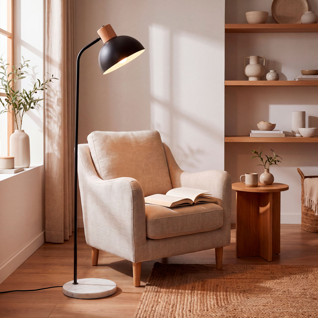 Lámpara de pie de diseño minimalista con cúpula negra, mármol y detalle en madera para salón.
