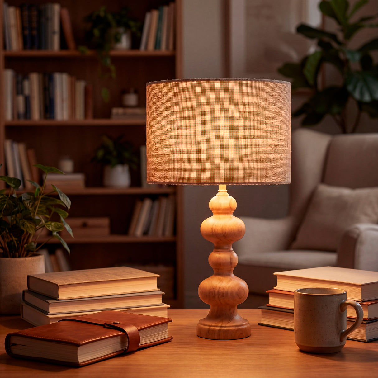 Lámpara de diseño orgánico en madera natural sobre escritorio clásico con luz cálida.