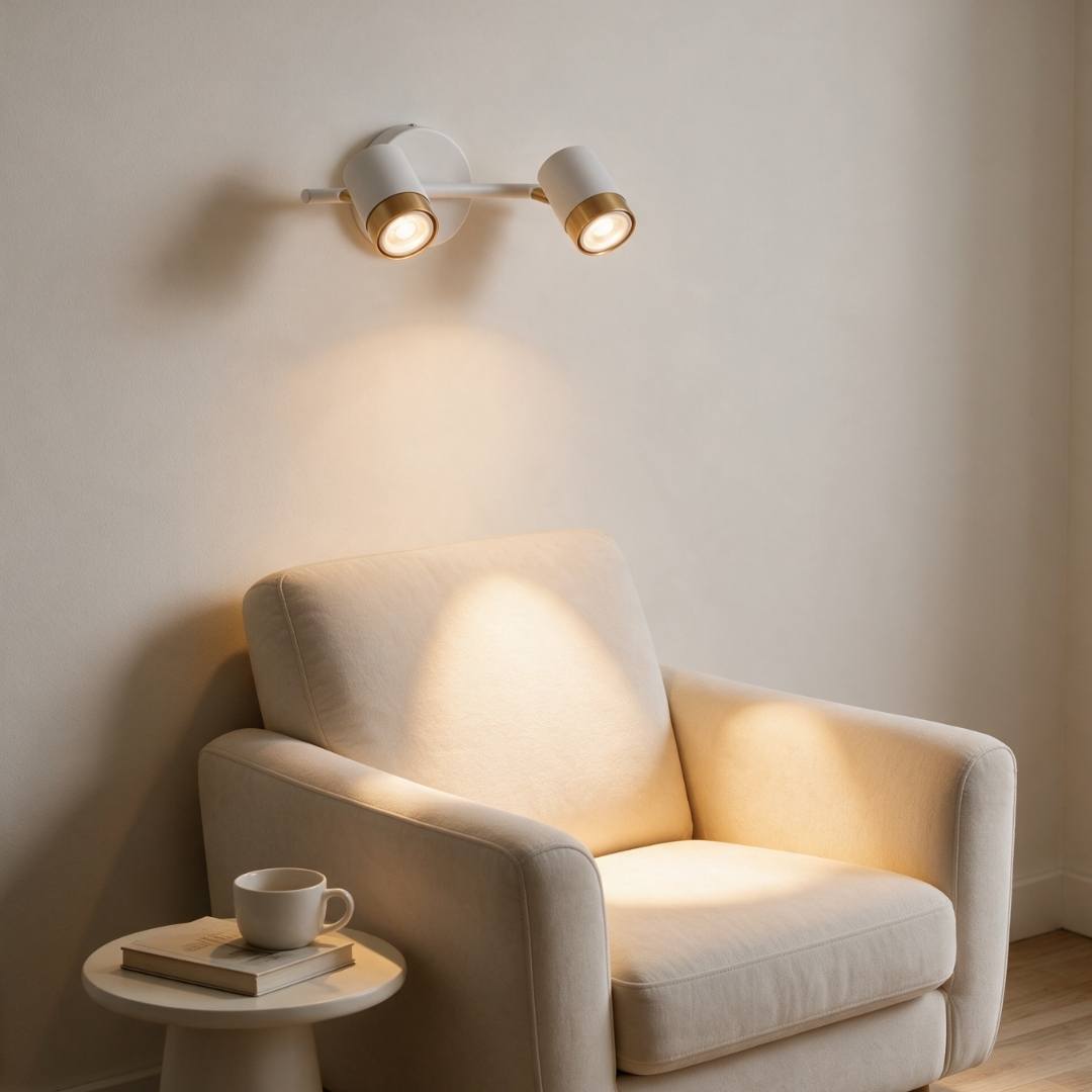 Spots orientables proyectando luz cálida sobre sillón de sala