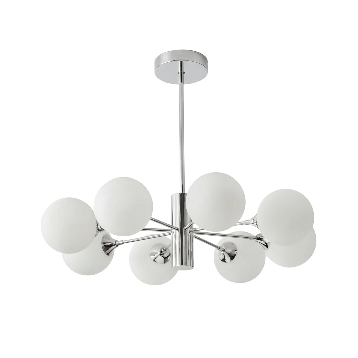 Lampara sputnik de 8 luces acabado cromo con esferas opalinas en fondo blanco