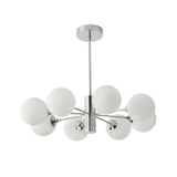 Lampara sputnik de 8 luces acabado cromo con esferas opalinas en fondo blanco