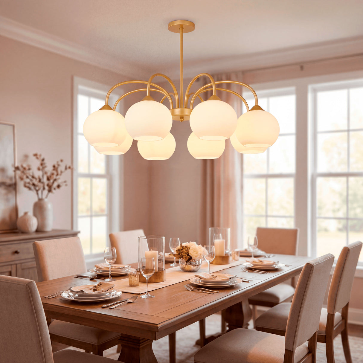 Modelo Victoria Gold centrada sobre una gran mesa de comedor familiar con sillas tapizadas.
