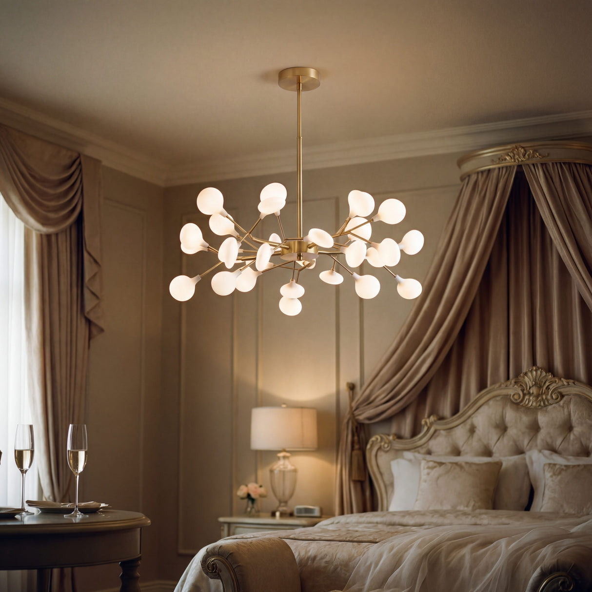 Iluminacion de lujo para dormitorio master con lampara Sputnik Nativa en acabado oro.