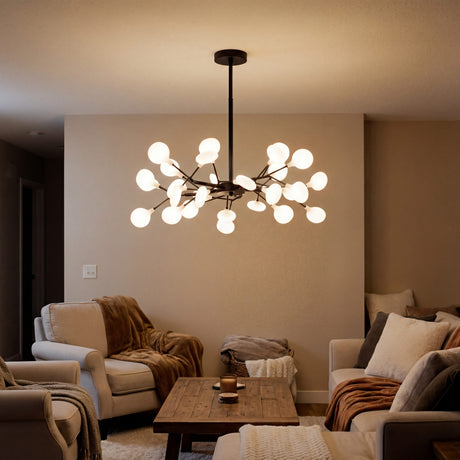 Lampara de techo Sputnik Nativa Black instalada en una sala moderna con luz calida.