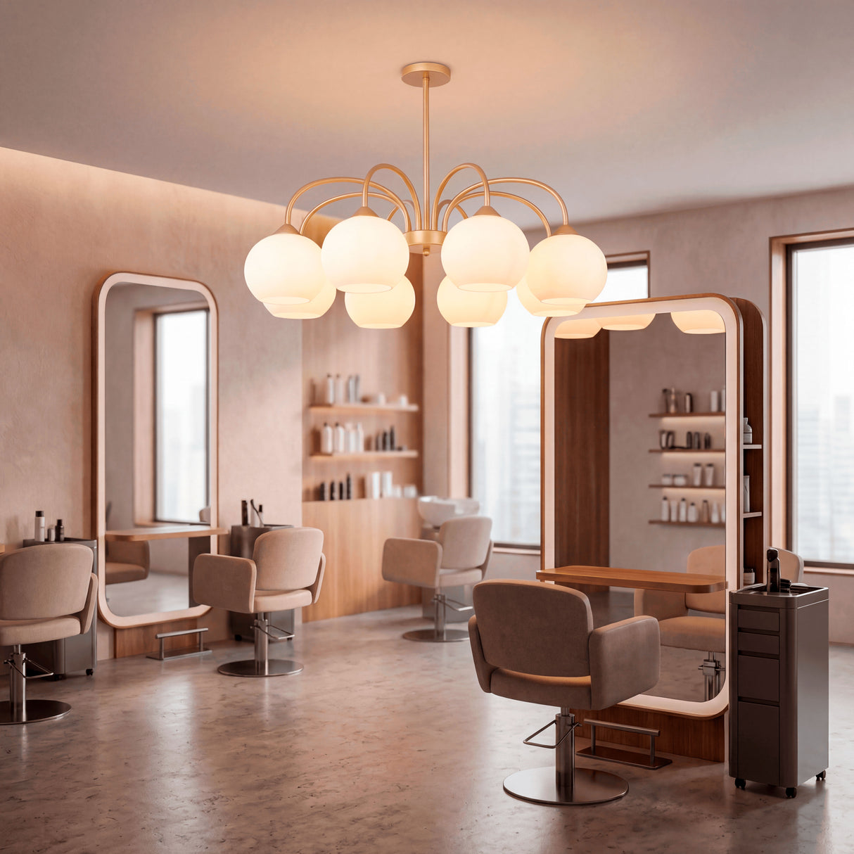 Lámpara de techo Sputnik Victoria Gold de múltiples brazos en salón de belleza premium.